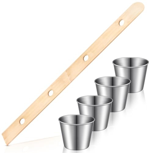 Sunnychicc 1 Set 5 ft Shot Board with 4 Stainless Steel Shot Glass Set 4 Person Drinking Retro Vintage Rustic Wood Drinking Board for Vacations Weddings Bar Family Gathering Celebrations Party (Beige)