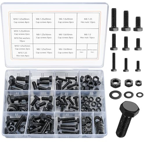 128 Pezzi Bulloni Esagonali e Dadi e Rondelle, M6 M8 M10 Set Bulloni Esagonale a Testa Piatta e Dadi con Rondelle Assortito, Viti Bulloni e Dadi Set Acciaio Inossidabile Industria Meccanica(128 nero)