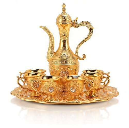 Vintage Tea Set Engraved Teapot Turkish Tea Set Vintage Zinc Alloy Teapot, 6 Cups and Serving Tray for Adults Wedding Party
