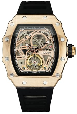 TIME100 Reloj Mecánico Automático para Hombre, Esfera Grande Cuadrada, Diseño Esqueleto, Correa de Silicona Ajustable, Resistente al Agua（Oro）