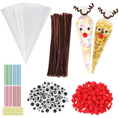 Shining She 100 Stück Süßigkeiten Tüten,25x13cm Spitztüten Transparent Cellophantüten,Candy Bar Tüten DIY Elchhirsch mit 100pcs Augen Nase Bunt Twist Ties Pfeifenputzer für Weihnachten Party