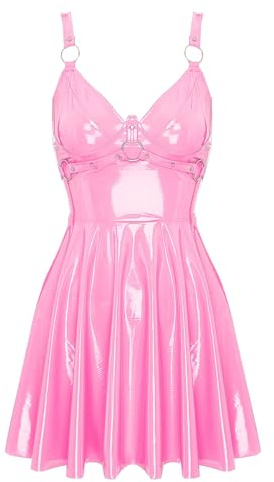 Damen Lack Leder Corsage Kleid Wetlook Minikleid Kurz Ärmellos Partykleid | V-Ausschnitt, Gogo ,Tanz, Rave, Party, Clubwear