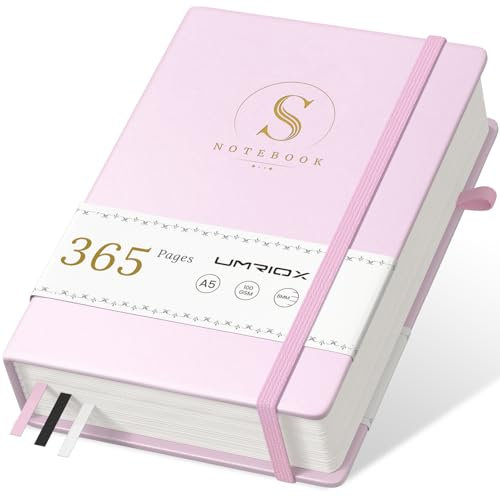 Umriox A5 Notizbuch Liniert,Dickes Journal Tagebuch Leder mit 365 Seiten,100gsm Papier Hardcover Notizbücher,Notizblockfür Frauen Männer Büro Schule Arbeit Frauen Männer,14.5 x 21cm-Rosa