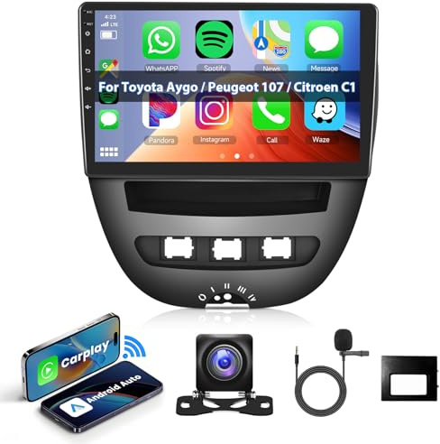 Android Autoradio pour Peugeot 107/ Toyota Aygo/Citroen C1 2004-2014 Wireless Carplay Android Auto, Radio Ecran Tactile 10,1 Pouces Navigation GPS Hifi Bluetooth WiFi Radio FM/RDS Canbus, Caméra 2 Din