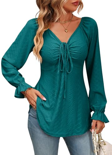 Atxnn Camicia Donna Elegante Blusa Donna Manica Lunga Backless Sexy V-Neck Top con Coulisse Regolabile Manica a Sbuffo Casual Pullover Maglia Jacquard Tunica Camicetta T-Shirt a Tinta Unita