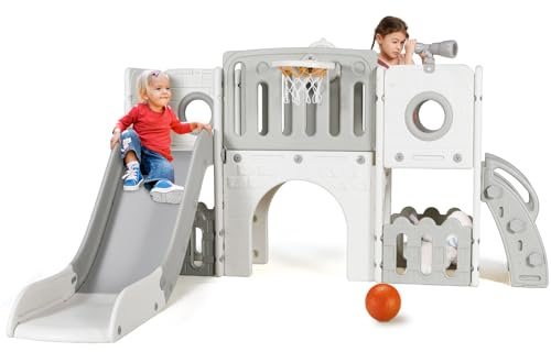 MAMIZO Toddler Slide, 9 in 1 Kids Slide and Climber Playset, Indoor Outdoor Playground for Children, w/Basketball Hoop & Ball, Telescope, Tunnel, Storage Space