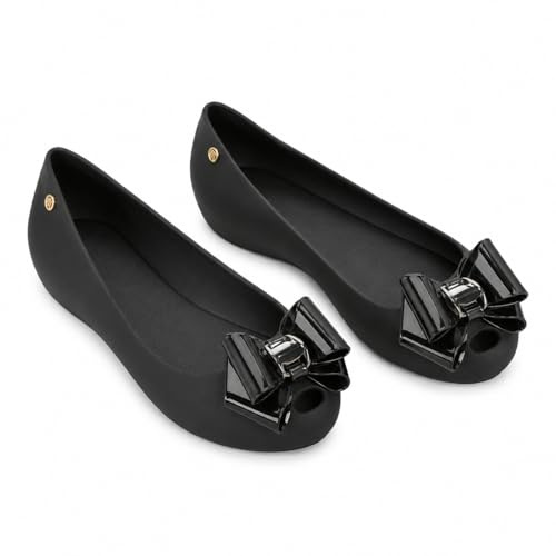Gizelle Womens Black Jelly Flat Shoes with Bow - Ladies Comfy Slip-On Casual Wear Every-Day Jelly Ballet Shoes Ballerina Pumps 2-8 UK