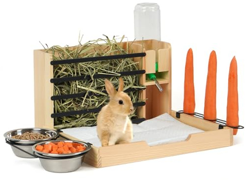 JUJOYBD Heuraufe Für Kaninchen oder Meerschweichen, Holz Futterspender inkl. Trinkflasche Karottenhalter und Näpfe, Hasenfutterautomat Hasen Zubehör