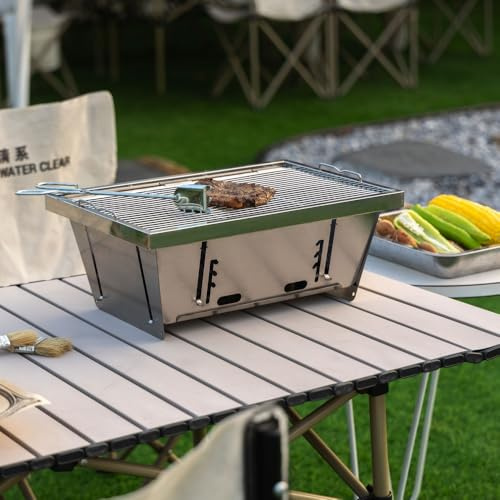 Portable Barbecue Grill, Folded Charcoal BBQ Grill for Camping Picnic Beach Patio, Stainless Steel Outdoor Barbecue Set, Mini Tabletop Grill, Upgrade Compact & Rustproof Design