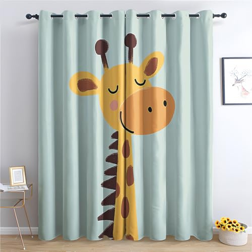 Luxfieo Giraffe Vorhänge Kinder Süße Cartoon Tiere Vorhang Blickdicht Gardinen Verdunklungsvorhänge mit Ösen Thermovorhang für Wohnzimmer Schlafzimmer Fenster Deko 2er Set H 166 x B 75 cm T#175