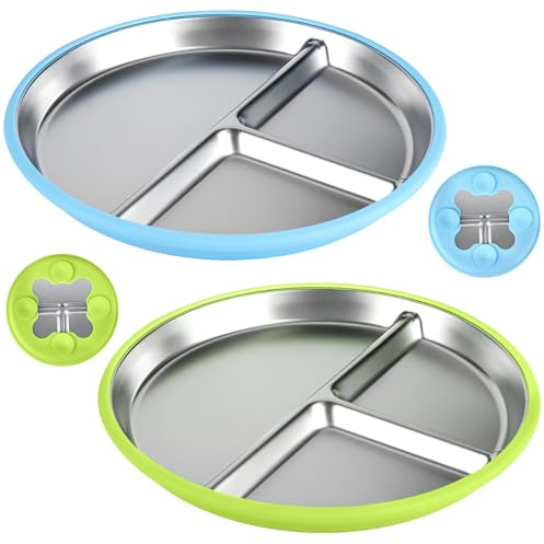 comeder Platos de acero inoxidable para bebé con ventosa, paquete de 2 platos divididos para destete LED del bebé, juego de alimentación antideslizante sin BPA, apto para lavavajillas (paquete de 2