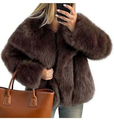 Kissonic Women Faux Fur Coat Long Sleeve Lapel Open Front Shaggy Furry Jacket Warm Fluffy Short Outwear, Brown, Medium