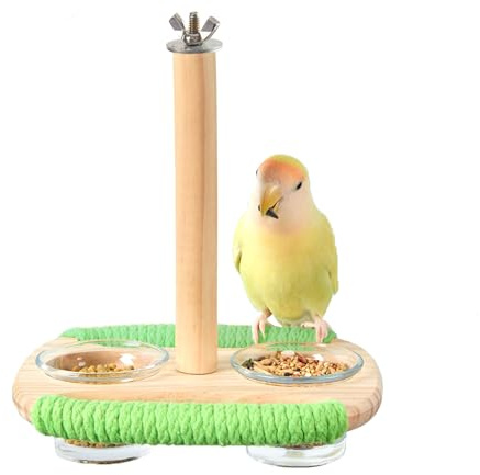 Tafit Bird Feeder & Perch – Includes Cotton Rope Perch and 2 Glass Feeding Cups – Cage Accessory for Cockatiels, Budgies, Lovebirds, Conures, Canaries, Finches, and Small Parrots