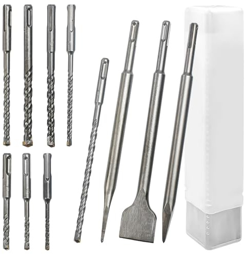 Byfoyif Jeu de 11 Burin et Foret SDS-Plus, Accessoires de Marteau Perforateur, Accessoires pour Marteau Burineur, Ciseaux Carrelage SDS avec Tête Plate et Pointe Conique, pour Carrelage Béton Pierre