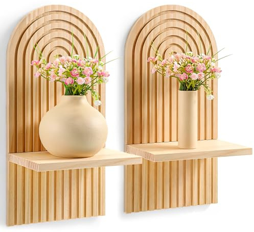 2pcs Boho Wall Candle Sconces Boho Wall Decor Rustic Farmhouse Wooden WallMount Candle Holders Wood Bohemian Decor Floating Shelves Arched Wooden Hanging Shelves for Bedroom Living Room Bathroom Home
