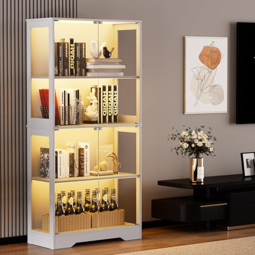 BLSYHDH Vetrina in vetro da terra con LED, vetrina in vetro verticale con 4 ante in vetro e sensori intelligenti, mobile vetrina, armadietto vetrina antipolvere per soggiorno (bianco, 4 piani, 4 ante