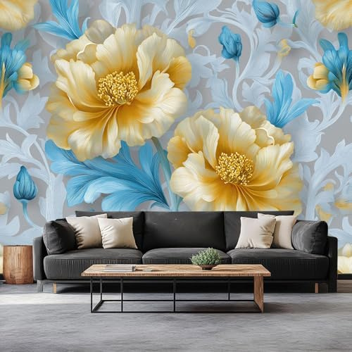 Générique Papier Peint Intissé Panoramique Élégant Artistique Doux Floral, Papier Peint Photo Bleu-Blanc - Fresque Murale Décoration Pour Salon Chambre Chambre D'Enfant, 400 x 280 cm (L x H)