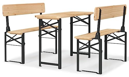 GFMGUEMV Lot de 3 tables pliantes en bois de sapin massif avec structure en métal pour camping, pique-nique et barbecues, avec deux bancs à bière pliables