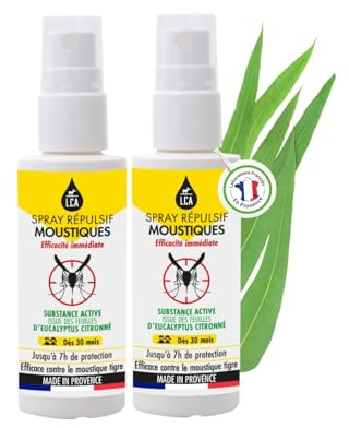 LCA - Pack 2 Sprays Répulsifs Moustiques - Format Pocket | 2x50ml, Dès 30 mois, Protection 7h contre tous types de Moustiques, Actif Naturel Citriodiol, Fabriqué en France et Sans DEET