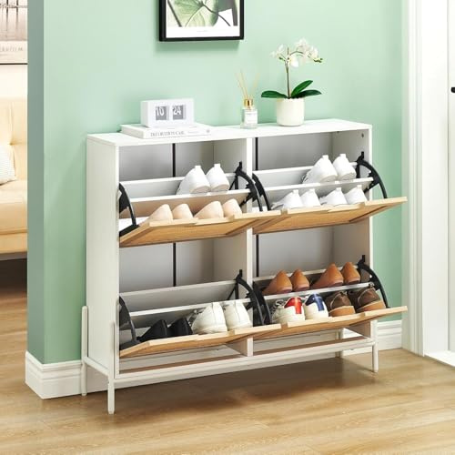 Garvee Schuhschrank Schmal Mit 4 Klappen, Schuhkipper Schuhkommode Schuhregal Mit 8 Ablageflächen Metallbeine 100 x 24 x 88 cm Weiß+ Eiche