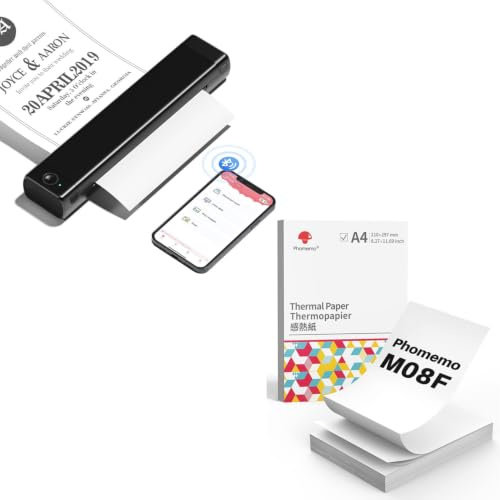 Phomemo M08F A4 Tragbarer Drucker Schwarz mit 200 Blatt Gefaltetem A4 Thermopapier, kabelloser Bluetooth Mobildrucker für Reisen, Auto, Büro und Zuhause