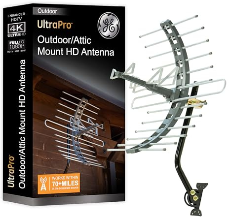 GE Antenne TV numérique d'extérieur HD Longue portée, Prend en Charge 4K 1080P HD Smart TV VHF UHF, Support J Inclus pour Grenier ou extérieur, résistante aux intempéries, 29884