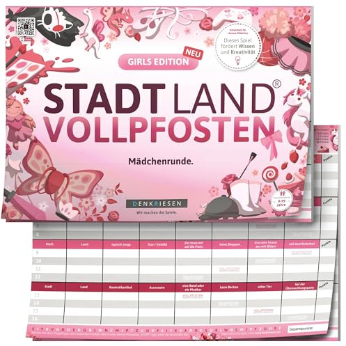 DENKRIESEN Stadt Land VOLLPFOSTEN Girls Edition | DIN A4 Spielblock | 26 Kategorien und 50 Blatt, Familienspiel für Mädchen, Kinder und Freunde – ideal als Geschenk.