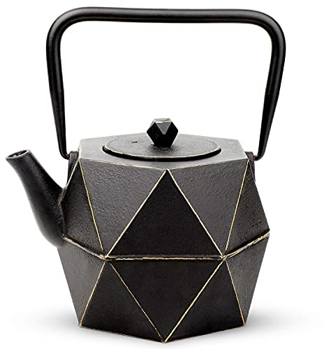 Tea Kettle, TOPTIER Japanese Cast Iron Teapot with Stainless Steel Infuser, Cast Iron Tea Kettle Stovetop Safe, Diamond Design Teapot Coated with Enameled Interior for 30 oz (900 ml), Black