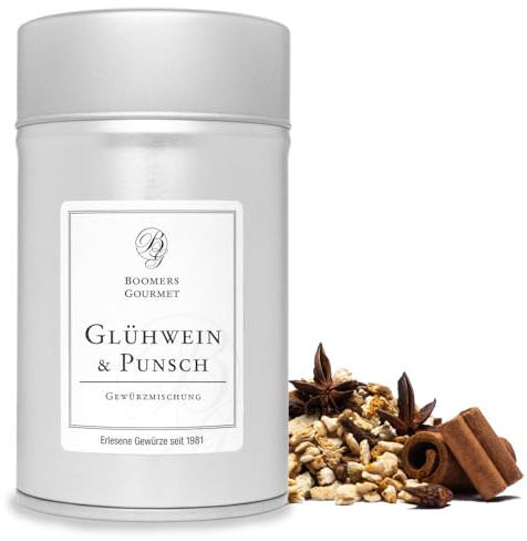 Boomers Gourmet - Glühweingewürz - Gewürzmischung für Punsch, Glühwein, Feuerzangenbowle. Glühwein Gewürz Mischung für Apfelpunsch, Kinderpunsch alkoholfrei - Gewürzdose - 80 g