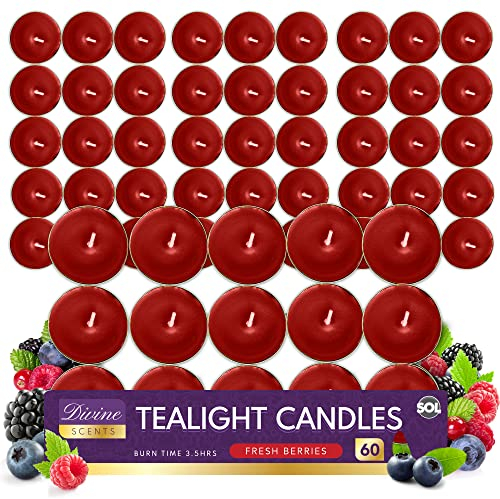 SOL 60pk Tea Light Candles Fresh Berries – 3.5 Hour Burn Time, Scented Tea Lights, Long-Lasting and Ideal for Home, Relaxation, Romantic Dinners, Weddings, Festive Decor, Cosy Evenings