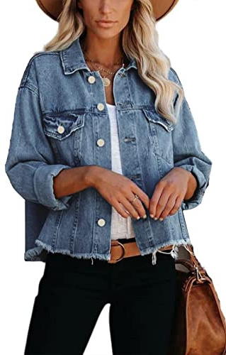 JayscreateEU Female Jeansjacke Kurze jacke Denim Jean Mantel Outwear Lange Ärmel Damen Jeansjacke mit Knöpfen Winter Herbst jacke Kanten und Waschen mit Tasche,hellblau,L