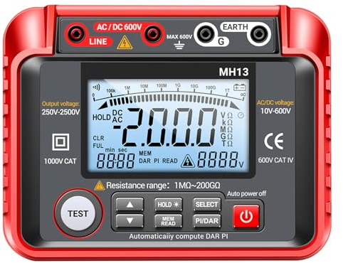 MH13 250V-2500V Digital Insulation Resistance Tester 1MΩ-200GΩ Megger Megohm Testing Meter Auto Range 2000 Counts LCD Display 10V~600V AC/DC Voltmeter with 100 Data Storage
