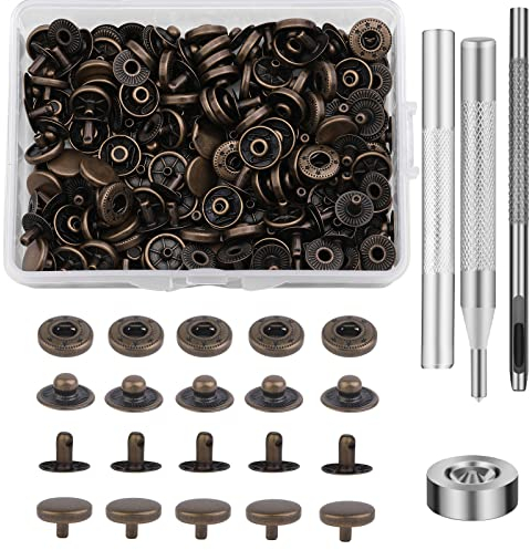 Benlay 50 Sets Leder Druckknopf, 10 mm Druckknopf Set mit 4-teiligem nstallationswerkzeug, Leder-Nieten-Druckknöpfe zum Nähen von Kleidung, Taschen, und Heimwerkerarbeiten (Braun)