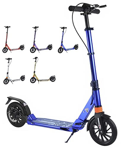 Bueuwe City Roller für Erwachsene, Klappbar Cityroller Tretroller 150 Kg Tragkraft 200mm Big Wheel Scooter mit Scheibenbremsen und Stoßdämpfern, Höhenverstellbar,Blau