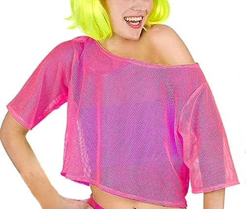 SamHeng T-shirt en Maille Filet pour Femme Costume des années 80 Femme Mesh Crop Top T-Shirt pour Annees 80 Costume Vetement Fête Rétro Disco Costume Carnaval Fête Néon Rose