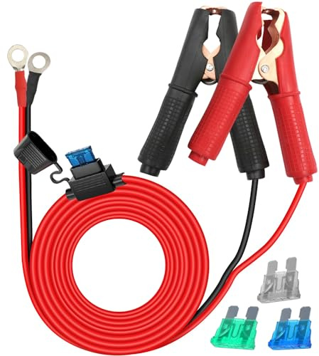 HuaLiSiJi Krokodilklemmen Autobatterie 12V 24V, Batteriekabel Klemmen mit Sicherung KFZ Wechselrichter Krokodilklemme O Ring Anschluss 14AWG 20A, für Autobatterie, Anderes Gerät (2m)