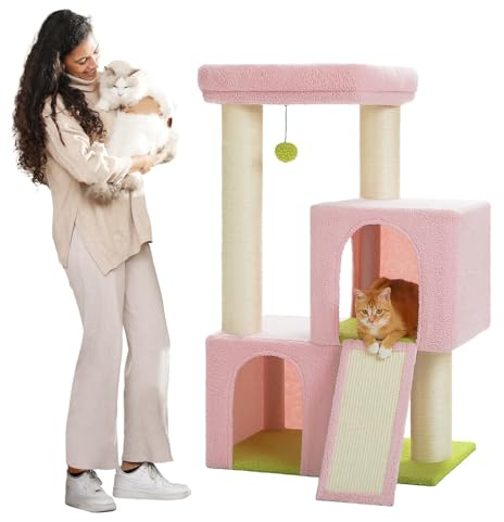 PETEPELA Árbol rascador grande de 11 cm de grosor, troncos con doble cueva extremadamente grande, totalmente cubierto de sisal, adecuado para gatos grandes, 114 cm de alto, color negro y rosa