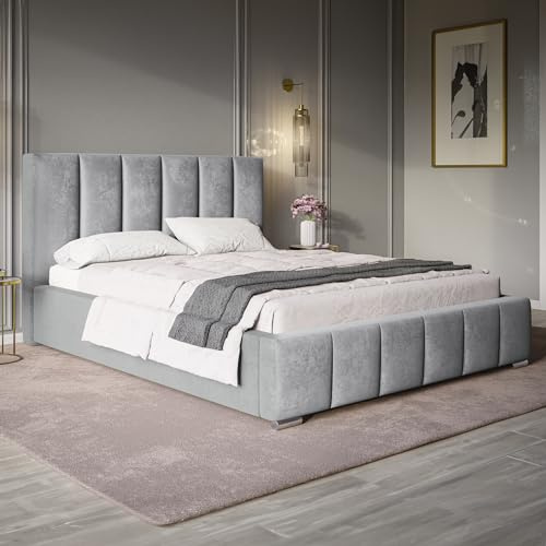 MOTIVENA Milan Bett 180x200 Grau Samt, mit Stauraum, mit Kopfteil, mit Lattenrost, mit Füßen, ohne Matratze, Polsterbett 180x200 mit Bettkasten Grau (Hellgrau)