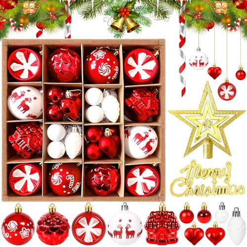 ZQEJEFD Boules de Noël Rouge Blanc, 42 Pièces Décoration Sapin avec Lanière, Boules en Plastique pour Noël, Mariage, Fête