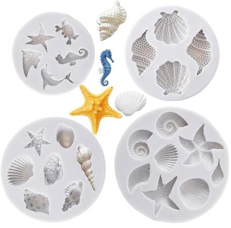 4 Stück Silikonformen Muscheln Fondantformen mit Meeresmotiven, Unterwasser-SüßIgkeitenformen, Schildkröten Form mit Tiermotiven in Form Von Haifischschalen Seesternen Korallen SchildkröTen Krabben