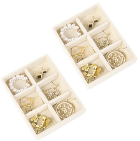 Nwvuop Lot de 2 petits plateaux à bijoux, insert à bijoux en velours pour tiroirs, tiroir organisateur de bijoux, 12,5 x 9,5 x 2,5 cm (beige)