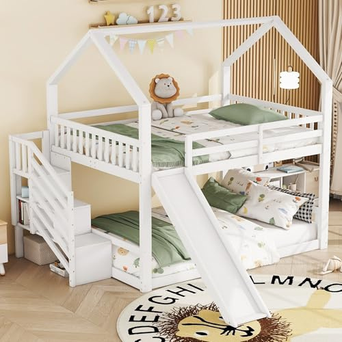 YESGIGA 140x200cm Etagenbett mit Stauraumtreppe und Rutsche, Hausbett, Kinderbett mit Geländer, geeignet für Kinder, Jugendliche (Weiß)