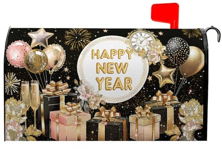 Dacawin Happy New Year - Coperture magnetiche per cassetta postale di grandi dimensioni, 65,5 x 53 cm, motivo: fuochi d'artificio a palloncino, copertura per cassetta postale oversize per cortile,