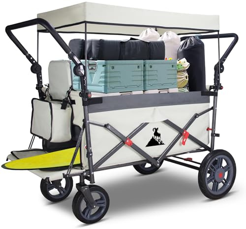 TOPWELL Carro plegable con techo y frenos, carro de transporte, plegable, ruedas sólidas de poliuretano, capacidad de carga de hasta 120 kg (gris/beige)