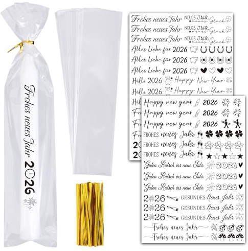 BOOMTOP Kerzen Tattoo Silvester 2026 2Blatt Kerzen Tattoos Aufkleber Frohes Neues Jahr Rub On Sticker Neujahr mit 50x Kerzentüten Candle Bags Silvester Kerzensticker für Stabkerzen Tasse Schwarz