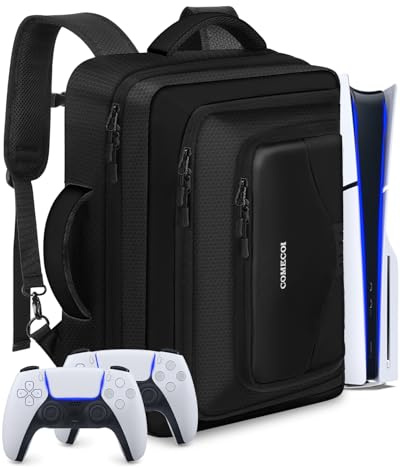 COMECOI Carrying Case for PS5, Travel Backpack for PS 5 Pro, Large Capacity Protective Storage Bag Compatible with Playstation 5 Disk/ Digital Edition Console, Controllers, Cards, Accessories