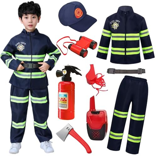 Brandman kostym barn brandman utklädningsset med brandman leksaker tillbehör barn rollspel kostymer för pojkar flickor brandman kläder brandchef halloween karneval cosplay kostym, ålder 3-9