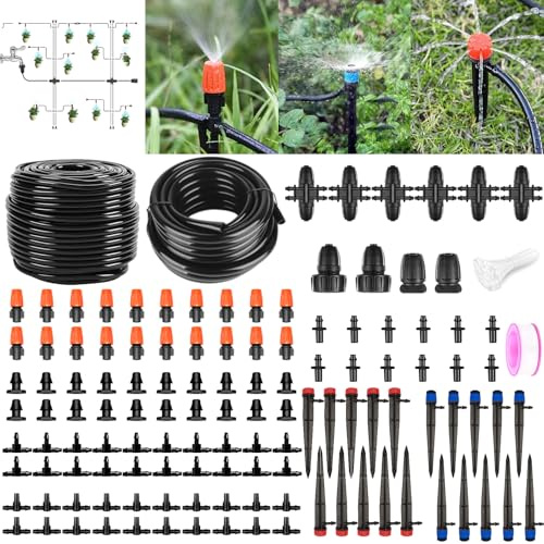 200FT+40FT Drip Irrigation System, Garden Watering System with 8/11mm Main Tubing 4/7mm Distribution Irrigation Tubing and Accessories, Irrigation System for Garden, Greenhouse, Yard, Lawn, Plant