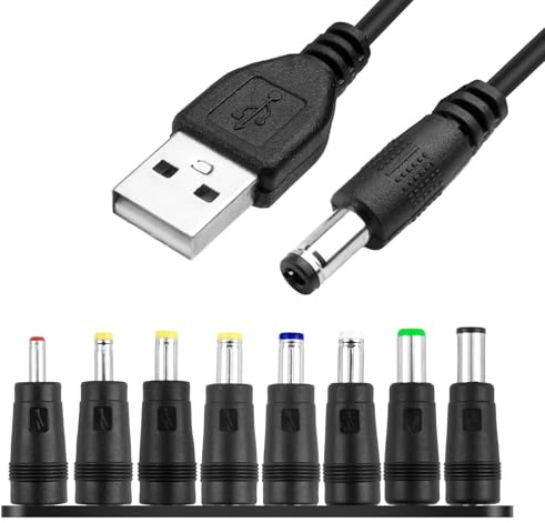USB to DC Cable 5V, 1M Universal USB to DC Power Chager Cord 5.5 X 2.1mm Plug Adapter with 8 Interchageable DC Connectors 5V Fast Charging Cable DC Adapter Compatible for Laptops Router Keyboard Toys