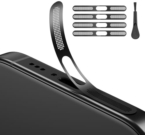 Lot de 4 autocollants en filet anti-poussière iPhone 16 Pro/16 Pro Max, 4 chiffons et 1 pinceau, protection haut-parleur, support de charge et capteurs (titane noir)